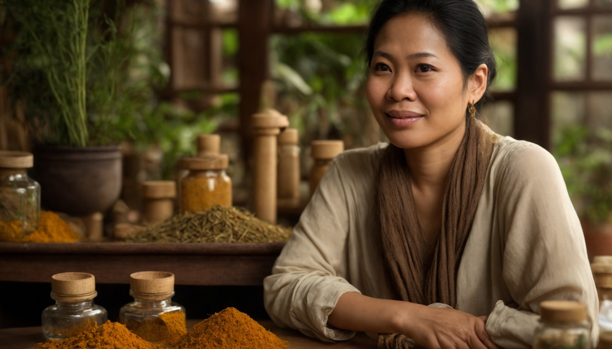 Ahli herbal Indonesia memeriksa tanaman obat kunyit dan jahe di meja ramuan tradisional