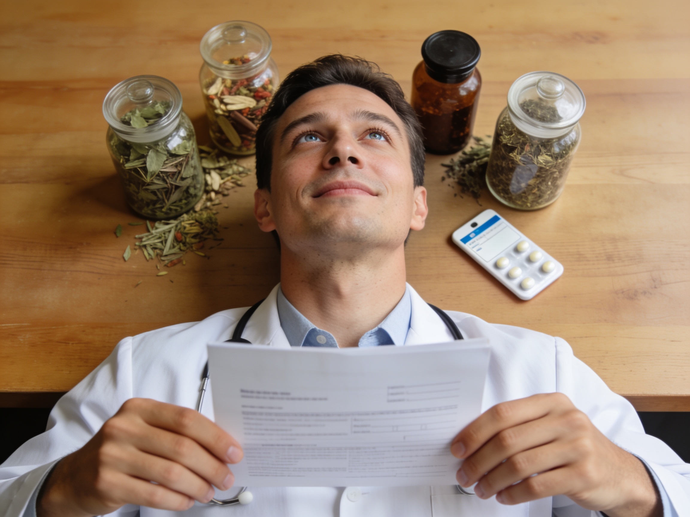 Dokter memeriksa obat herbal dan resep medis di atas meja kerja