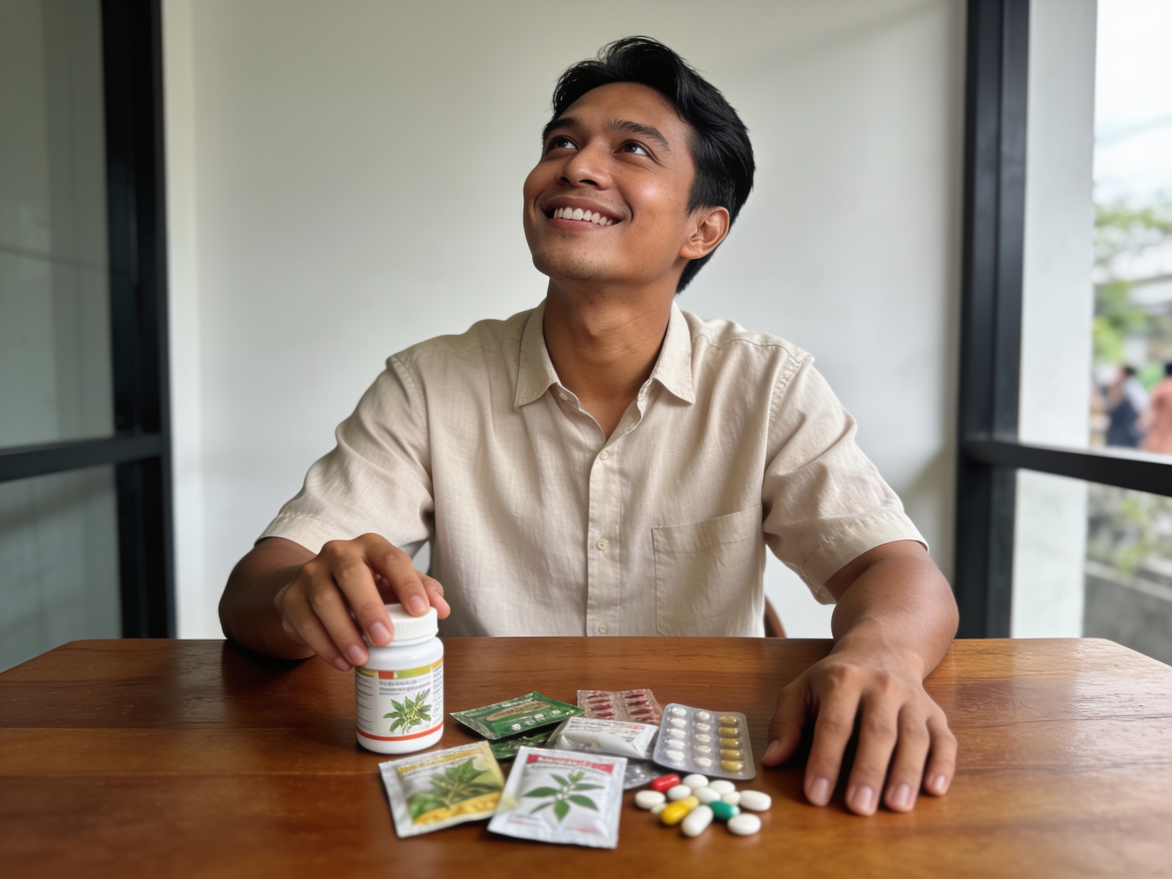 Pasien Indonesia tengah memeriksa interaksi obat herbal medis dengan resep dokter di atas meja kayu.