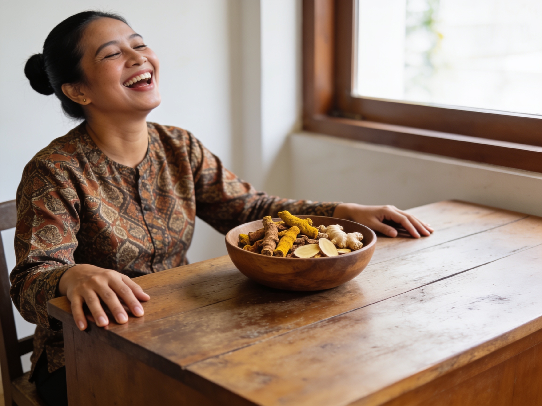 Wanita Indonesia memeriksa kualitas rempah tanaman obat tradisional aman untuk konsumsi harian.