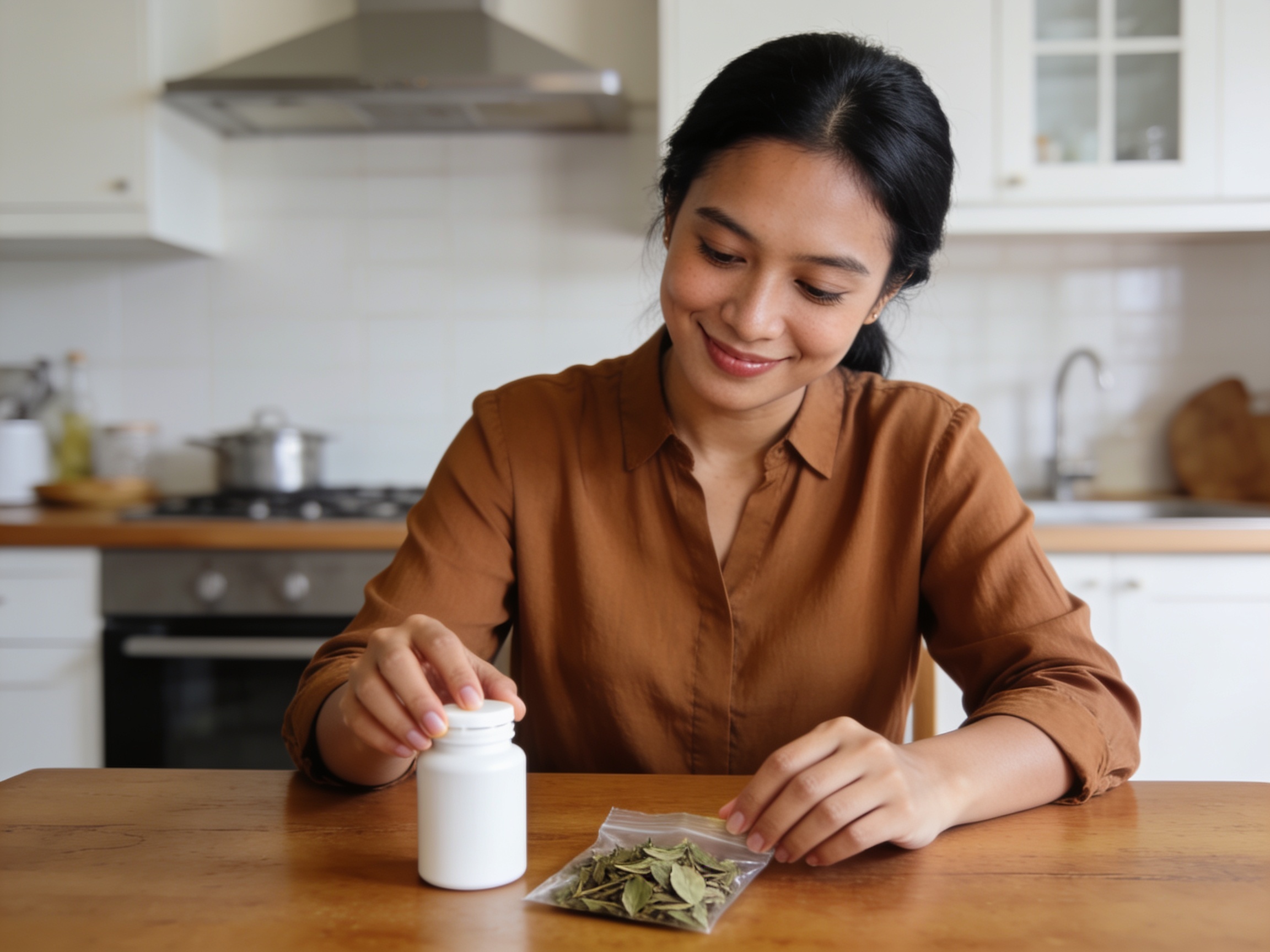 Wanita memeriksa interaksi obat herbal medis untuk kesehatan yang aman