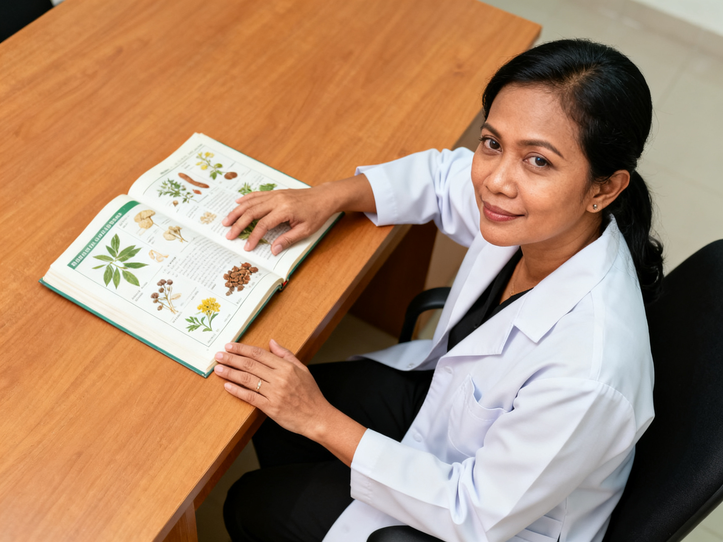 edukasi obat medis herbal dengan dokter memeriksa booklet herbal di meja kerja