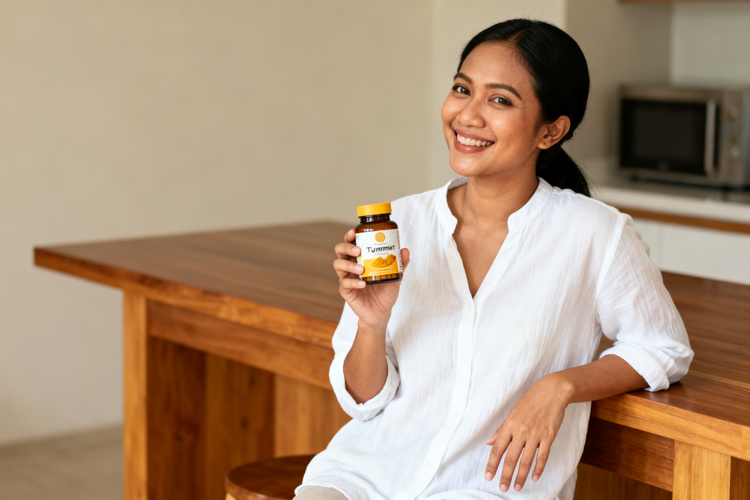 obat herbal alami efektif ditinjau oleh wanita Indonesia memeriksa botol ekstrak kunyit di dapur
